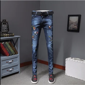 новые мужские джинсы с цветочной вышивкой в китайском стиле, модные брюки с вышивкой большого размера, узкие ножки, новые джинсы с цветочным принтом.