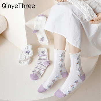 Новые хлопчатобумажные носки Mori Girl Cute Flower Love Heart Светло-фиолетового цвета в полоску с пузырчатым ртом в Японско-Корейском шикарном стиле.