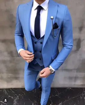 Новый синий костюм Homme, Смокинги для жениха, Свадебный Мужской Блейзер для выпускного вечера, Terno Masculino, 3 предмета, куртка + брюки + жилет