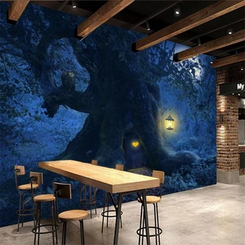 обои beibehang на заказ, 3D фреска, мечтательный красивый лес, большое дерево, лунная ночь, пейзаж с большим деревом на фоне обоев, настенная роспись