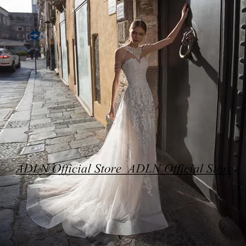 Очаровательное свадебное платье ADLN с расшитой бисером цепочкой на плечо, без рукавов в виде сердечка, Изысканная аппликация, шлейф, Свадебное платье трапециевидной формы