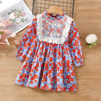 Платье с цветочным принтом для маленьких девочек, весна-осень 2022, детское повседневное платье с длинными рукавами и оборками, Новая детская одежда