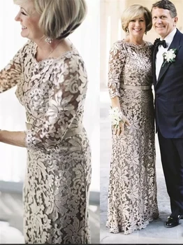 Платья для Матери Невесты с длинным рукавом 2023, Украшенный Драгоценными Камнями Вырез, Кружевная Аппликация Gillter, Праздничное платье для матери