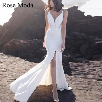 Пляжные свадебные платья Rose Moda с глубоким V образным вырезом и открытой спиной с разрезом для свадебного платья Destination на заказ