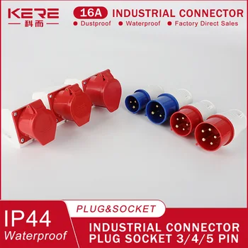 Промышленная Вилка и Розетка KERE IP44 16A Водонепроницаемый Разъем 3PIN 4Core 5Pin Водонепроницаемое Электрическое Соединение Настенная Розетка