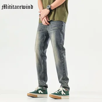 Прямые мужские брюки в стиле ретро с потертостями, Осенние облегающие джинсы в стиле хип-хоп, повседневные универсальные брюки из денима