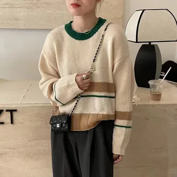 Пуловер с круглым вырезом в полоску контрастного цвета в корейском стиле, свитер свободного кроя, нежный и удобный Модный топ.