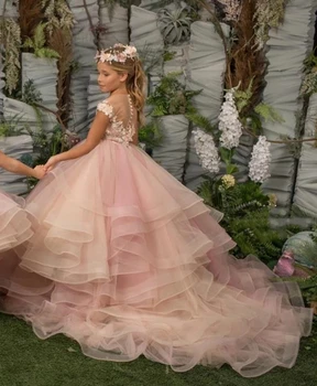 Розовое пушистое тюлевое кружевное платье с шлейфом без рукавов для девочек в цветочек, Свадебное Элегантное детское платье в цветочек для причастия на день рождения