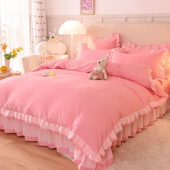 Розовый комплект постельного белья Princess Lace в корейском стиле, детский пододеяльник, простыня и наволочка, роскошное постельное белье, декор для кроватей