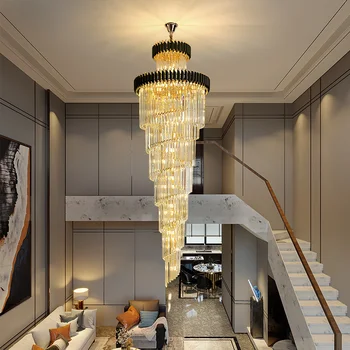 Роскошная хрустальная люстра в вестибюле виллы, гостиной, лестничном освещении, длинная подвесная лампа на чердаке, черный / золотой домашний декор, светильники