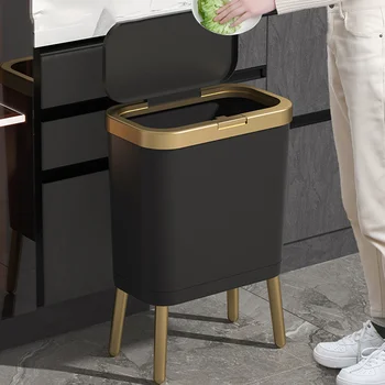 Роскошное мусорное ведро черного и золотистого цвета объемом 15 л для кухни, креативное мусорное ведро на высоких ножках, ванная комната, гостиная, ведро для мусора большой емкости.