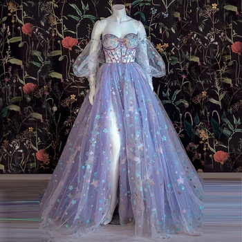 Светло-фиолетовое платье из тюля, платье с цветочным рисунком, платье с открытыми плечами, вечерние платья трапециевидной формы, длинное платье с аппликацией 