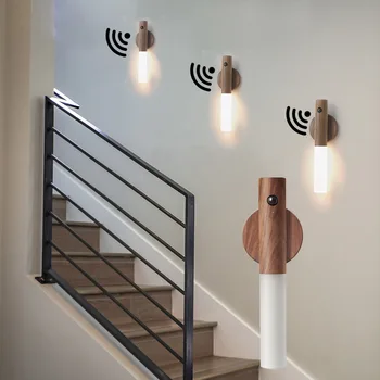 Светодиодный Беспроводной магнитный USB-ночник, настенный светильник, деревянный светильник, Лестничный светильник, коридорный светильник, Настольная лампа для спальни, прикроватное освещение