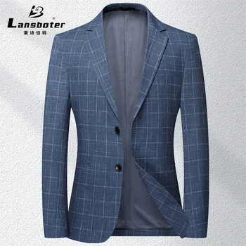 Синий весенний тонкий мужской костюм Lansboter, корейская версия, облегающий костюм в клетку для молодых и средних лет, деловой повседневный