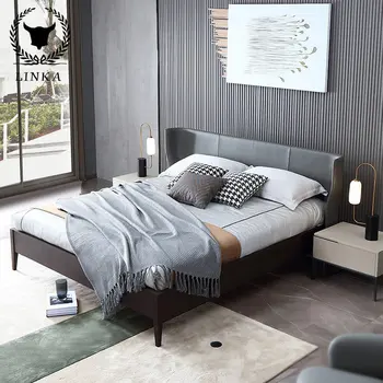 Современная минималистская двуспальная кровать из массива дерева Итальянская минималистичная главная спальня с кожаным изголовьем и мебелью из воловьей кожи