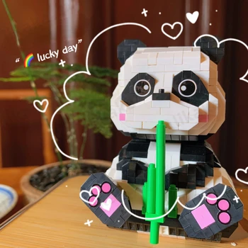 Творческая игрушка для сборки для детей, милое животное, панда, бамбуковая ручка, контейнер, 3D модель, алмазный строительный блок, кирпичи