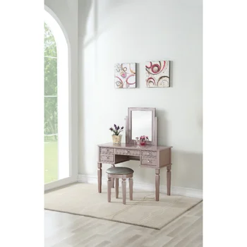 Туалетный столик для спальни Табурет Ящики для хранения Зеркало цвета розового золота Современная великолепная мебель МДФ Каучуковое дерево Роза