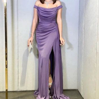 Фиолетовое Атласное Вечернее платье с Высоким разрезом 2023, Платье для выпускного вечера с открытыми плечами, Дубай, Саудовская Аравия, Платье- халат