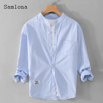 Хлопчатобумажная рубашка с длинным рукавом Plus Size Masculina, синий Повседневный льняной топ, мужская одежда 2023, блузка с воротником-стойкой, Сексуальная туника, Кардиганы