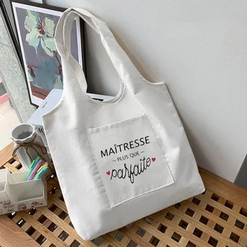 Хозяйственная сумка с принтом Merci Maîtresse, Эко-сумка через плечо, сумки для продуктов, Женские сумки для покупок, Многоразовая сумка для студенческих книг большой емкости