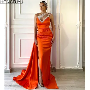 ХОНФУЮ (HONGFUYU) - Атласные Оранжевые Вечерние платья с жемчугом на одно плечо, Вечерние платья для официальных вечеринок С Высоким разрезом, Женское Длинное платье для выпускного вечера