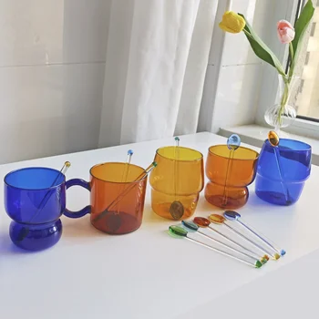 Цветная стеклянная кружка, Утолщенная термостойкая чашка для воды, Прозрачные кофейные чашки, Стеклянные стаканы для питья с большой ручкой