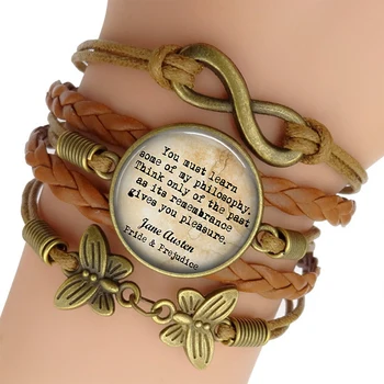 Цитата Джейн Остин Кожаный многослойный браслет Коричневые браслеты Бесконечные украшения Браслет 