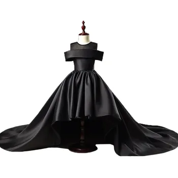 Черное платье с круглым вырезом и открытыми плечами для девочек в цветочек, бальное платье принцессы, юбка для вечеринки в честь Дня рождения, одежда ручной работы на заказ