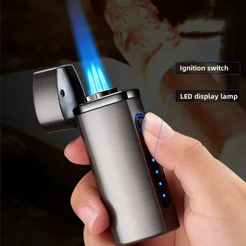 Электронная индукционная газовая зажигалка для сигар с тремя струями синего пламени, металлический Ветрозащитный светодиодный индикатор питания, Прозрачная Масляная зажигалка с окошком