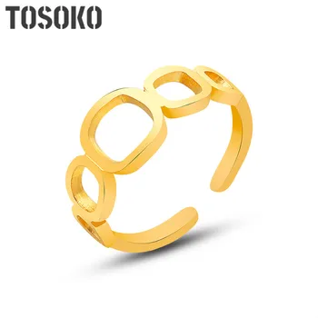 Ювелирные изделия из нержавеющей стали TOSOKO, квадратное полое геометрическое открывающее кольцо, женская мода, 18-Каратное позолоченное кольцо Rng BSA312